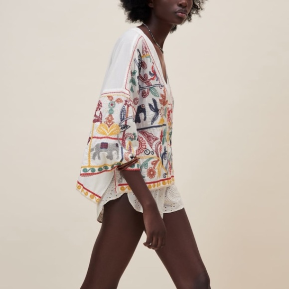 Zara V neck embroidered cotton shirt / blouse NWT - Picture 3 of 7